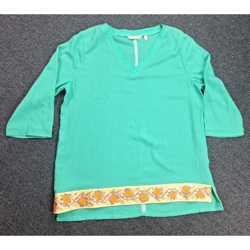 Soft Surroundings Tunic Top Sailing Green Embroidered Floral Size XL